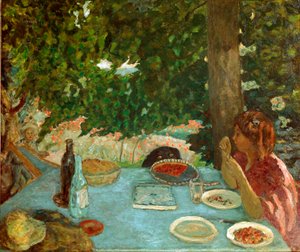 チェリーパイ 庭のテーブルに座る若い女性。ピエール・ボナール（1867-1947）の絵画 1908年 薄暗い。115x126 cm チューリッヒ、ピーター・ネイサン コレクション 作： Pierre Bonnard