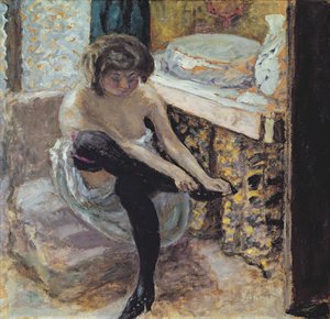 黒いストッキングの女性、または彼女のトイレの女性、1900年頃（カードに油彩） 作： Pierre Bonnard