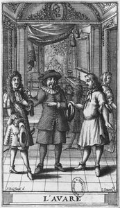 ハーパゴンとしてのモリエール、ジャン・ソーヴ（fl.1660-91）エディション1682によって彫刻された、モリエールの「The Miser」のフロントピースのイラスト 作： Pierre Brissart