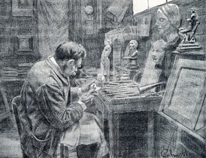 Trabalhador de marfim esculpindo marfim com cinzéis, raspadores e goivas Gravura de “Excursion a travers les metiers” de Pierre Calmette Private Collection