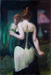 Jeune femme ajustant son corset - コルセットを調整する若い女性 - Pierre Carrier Belleuse (Carrier-Belleuse) (1851-1933)の絵画。