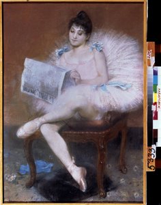 座るバレエダンサー。小さな新聞」を読むチュチュのバレリーナ。 作： Pierre Carrier Belleuse
