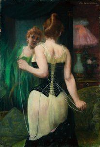 コルセットを調整する若い女性、1893 作： Pierre Carriere Belleuse