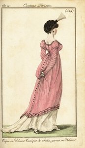 サテンのチュニックドレスとベルベットの帽子をかぶった女性、パリ 作： Pierre Charles Baquoy