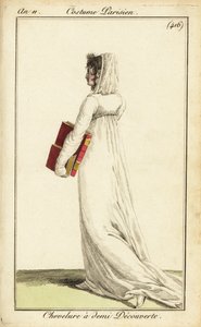 髪の半分にベールをかぶった白いドレスを着た女性、パリ 作： Pierre Charles Baquoy