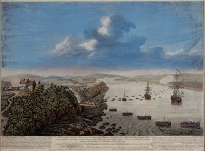 ケベックの町の上にある着陸地点の眺め。 1759年13月、1760年頃 作： Pierre Charles Canot