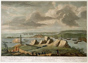 1758年に北米のルイスバーグが包囲された際、ライトハウスの近くで撮影された風景（線刻、彩色済み 作： Pierre Charles Canot