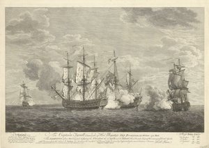 1758年、シント・ユースタティウス沖の3隻のフランス船に対するイギリス船の攻撃 作： Pierre Charles Canot