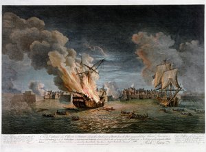 7月26日、ルイブール港（カナダ・ケベック州）でフランス船「プルーデント号」と「ビエンフェイサン号」に放火した艦隊の別働隊に所属していた船長、将校、水兵に告ぐ。 作： Pierre Charles Canot