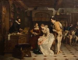 カトリーヌ・ド・メディチの調香師から毒入りの手袋を買うジャンヌ・ダルブレ、1852～1858年。 作： Pierre Charles Comte