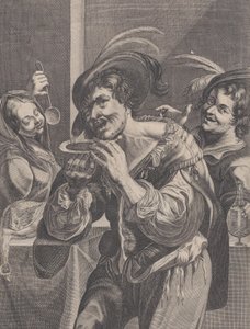 2 人が見守る中、スープを飲む男性、1624～75 年。 作： Pierre Daret