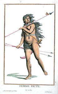 1780年に出版された「Receuil des Estampes, Representant les Rangs et les Dignites, suivant le Costume de toutes of the Nationes Ex Existantes」より、ピクト人の女性（手彩色の彫刻）。 作： Pierre Duflos