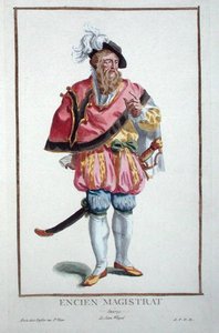 1780年に出版された「Receuil des Estampes, Representant les Rangs et les Dignites, suivant le Costume de toutes les Nationes Existantes」より、スイス人行政官の服装（手彩色の彫刻）。 作： Pierre Duflos