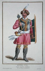 1780年に出版された「Receuil des Estampes, Representant les Rangs and les Dignites, suivant le Costume de toutes les Nationes Ex Existantes」よりEurs VII（手彩色の彫刻）。 作： Pierre Duflos