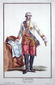 ラウドン将軍（1717-90）、1780年に出版された「Receuil des Estampes, Representant les Rangs and les Dignites, suivant le Costume de toutes of the Nationes Existantes」より（手彩色のエングレーヴィング）。 作： Pierre Duflos