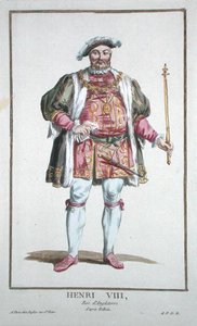 ヘンリー8世 (1491-1547) イングランド王 (1509-47) 1780年に出版された「Receuil des Estampes, representant les Rangs and les Dignites, suivant le Costume de toutes les Nation Existantes」より（手彩色の彫刻）。 作： Pierre Duflos