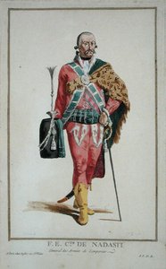1780年に出版された「Receuil des Estampes, Representant les Rangs and les Dignites, suivant le Costume de toutes of the toutes existantes」よりナダスティ伯爵閣下（手彩色の彫刻版） 作： Pierre Duflos