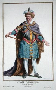 John III Sobiewski (1629-96) ポーランド王 1780年に出版された「Receuil des Estampes, representant les Rangs and les Dignites, suivant le Costume de toutes of the Nationes Existantes」より（手彩色の彫刻）。 作： Pierre Duflos