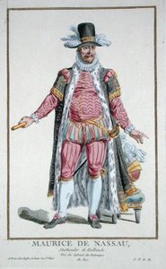 ナッソー公モーリス（1567-1625）オランダ共和国の市議会議員 1780年発行の「Receuil des Estampes, representant les Rangs and les Dignites, suivant le Costume de toutes les Nation Existantes」より（手彩色のエングレービング） 作： Pierre Duflos