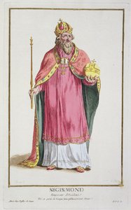 ジギスムント（1368-1437）「すべての現存する国家のコスチュームによる、階級と尊厳を表す版画のコレクション」の神聖ローマ皇帝（1433-37）が1780年に出版（ハンドカラー 作： Pierre Duflos