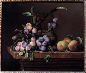 大理石のエンタブラチャーに描かれたプラム、カボチャ、桃 ピエール・デュプイ（1610-1682）の絵画 1650年 日0.51x0.6 m 作： Pierre Dupuis