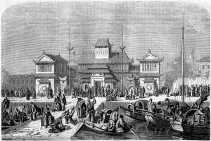 1860年、中国・上海の港の税関風景。エドゥアール・シャルトン編『Le Tour du Monde, Nouveau journal des Voyages』（パリ）に掲載されたグランジールの版画。
