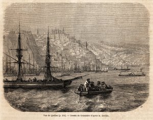1854-1855年の北アメリカへの航海を説明するために、L.デヴィルが描いたグランジールによるケベックの眺め。1861年の "Le tour du monde "に掲載されたエングレーヴィング。セルバのコレクション。 作： Pierre Eugene Grandsire