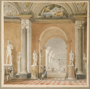 ルーヴル美術館のベルヴェデーレの古いアポロの部屋（黒いチョークと紙にw - c） 作： Pierre Francois Leonard Fontaine