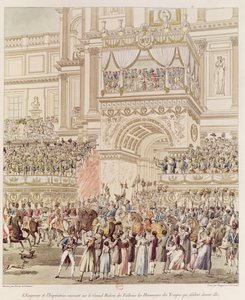 チャールズピエールジョセフノルマンド（1765-1840）によって彫刻された、結婚の際にチュイルリーのバルコニーからフランス軍のオマージュを受けた皇帝と皇后 作： Pierre Francois Leonard Fontaine
