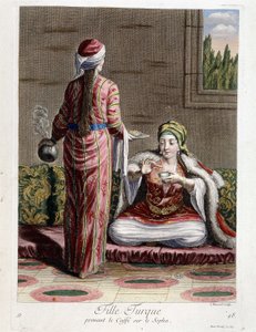 ソファの上でコーヒーを飲むトルコの少女。1707年と1708年にレバントの様々な国を描いた100枚の版画を集めたもので、ポルテの王の大使であったM.ド・フリオルの命令によるもので、1712年から13年にかけてバサンの画家M.ル・ヘイの世話で更新されたものである。