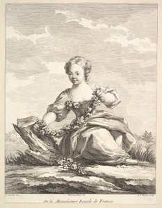 花の花輪を持っている少女、1757 年以降のセカンドブックオブフィギュアズ. 作： Pierre François Tardieu