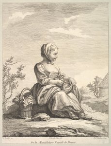 1757 年以降の『Deuxième Livre de...』より、かごをそばに置いてブドウを持っている少女。