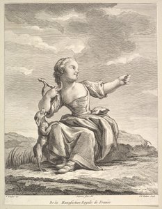 1757年以降、磁器の後のセカンドブックオブフィギュアズから、犬と遊ぶ少女。 作： Pierre François Tardieu
