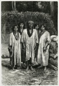 チアパス（メキシコ）のジャングルに住むマヤの人々、ラカンドン族の酋長とラカンドン族の種類。考古学者であり写真家でもあるDesire Charnay（1828-1915）が1882年に発表した「ユカタンとラカンドンの地への旅」を説明するためのP.Fritelによるエングレーヴィング。 作： Pierre Fritel