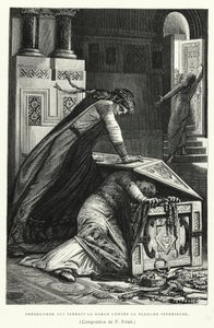 フレデゴンドは下の板に喉を締め付ける（彫刻 作： Pierre Fritel