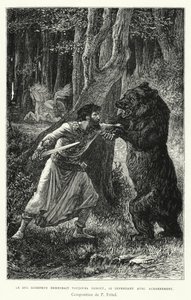 ゴデフロイ公は常に立ったままで、アチャーンスメントで自分を守った（彫刻 作： Pierre Fritel