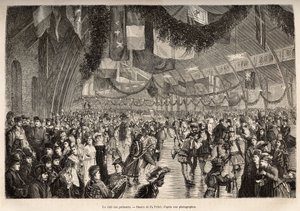 モントリオール・スケーターズ・クラブ、コスチューム・スケーティング・イブニングのためのミーティングにて、1873年にH.De Lamotteが行ったカナダとRiviere Rouge du nordへのエクスカーションを描いたP.Fritelの絵の後に彫られたもので、1875年にEdoが編集した「Le tour du monde」に掲載されている。 作： Pierre Fritel