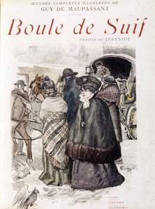 プロイセンがフランスを占領していた時代に、ドイツ人将校に逮捕されたディリジェンスの旅人たち。手前は「スイフの売春婦の舞踏会」。ギー・ド・モーパッサン(1850-1893)の「獣脂の舞踏会」にて。P. G. Jeanniot（1848-1934）による挿絵 作： Pierre Georges Jeanniot