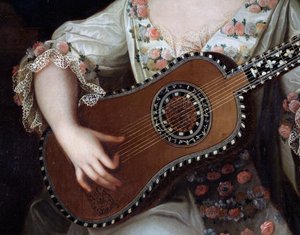 ギター、ピエール・ゴベール（1662-1744）が描いたマドモアゼル・ド・シャロレー（1695-1758）の肖像画の細部。フランス 作： Pierre Gobert