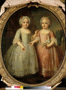 ルイ15世の娘、フランスのルイーズ・エリザベート（1727～1759年）とフランスのアンリエット（1727～1752年）の肖像画。ピエール・ゴベール（1662 - 1744）による絵画 作： Pierre Gobert