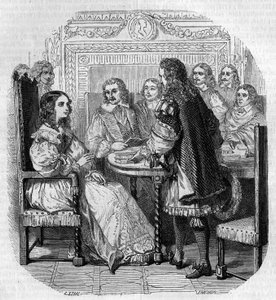 リシュリュー枢機卿が見守る中、クリスティーヌ王妃（1626-1689）がパリのアカデミー・フランセーズを訪れた際の写真。 作： Pierre Gustave Eugene Staal