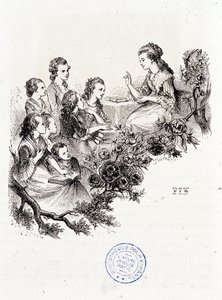 子供たちに話をする若い家政婦 - Mme Leprince de Beaumontの "Le magasin des enfants "の中で, ill.Staal, Garnier 作： Pierre Gustave Eugene Staal