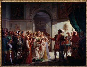 フランソワ1世（1494-1547）が孫のフランソワ2世（1544-1560）を武装して騎士にしている。幼い王子は、両親のヘンリー2世（1519-1559）、カトリーヌ・ド・メディチ（カテリーナ・ド・メディチ）（1519-1589）を伴っています。ピエール・アンリ・ルヴォワ（1776-1842）による絵画 作： Pierre Henri Revoil