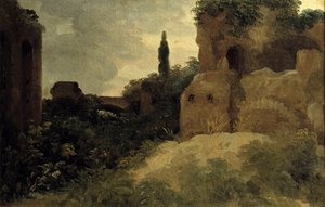 ローマ遺跡ヴィラ・ファルネーゼにて ピエール・ヴァランシエンヌ（1750-1819）の絵画 18世紀 日0.26×0.4m 作： Pierre Henri de Valenciennes