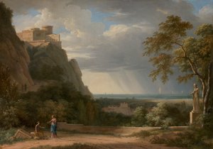 人物と彫刻のある古典的な風景 作： Pierre Henri de Valenciennes