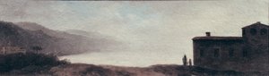 雨の中のネミ湖（カードにマウントされた紙に油彩） 作： Pierre Henri de Valenciennes