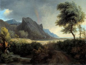 海に洗われた山の風景。虹。- ピエール・ド・ヴァランシエンヌ（1750-1819）19世紀 太陽。0,4x0,53 m 作： Pierre Henri de Valenciennes