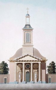 ハーグの聖ウィレブロード教会、ピエール・ジャック・ゲッヘッビュール作「Choix des Monuments, Edifices et Maisons les plus remarquables du Royaume des Pays-Bas」より、A.Tellusのエングレーヴィング、1827年発行（アクアチント）。 作： Pierre Jacques (after) Goetghebuer