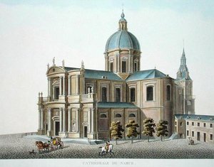 ナミュールの大聖堂、ピエール・ジャック・ゲッヘッビュール作「Choix des Monuments, Edifices et Maisons les plus remarquables du Royaume des Pays-Bas」（1827年発行）より（アクアチント）。 作： ピエール・ジャック・ゲブエル