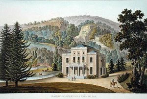 スパ近郊のジュスレンヴィル城、ピエール・ジャック・ゴエッヘビュールの「Choix des Monuments, Edifices et Maisons les plus remarquables du Royaume des Pays-Bas」（1827年発行）より（アクアチント）。 作： ピエール・ジャック・ゲブエル